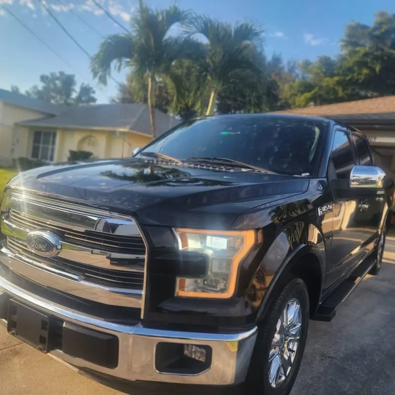 Black Ford F-150 pickup in a driveway